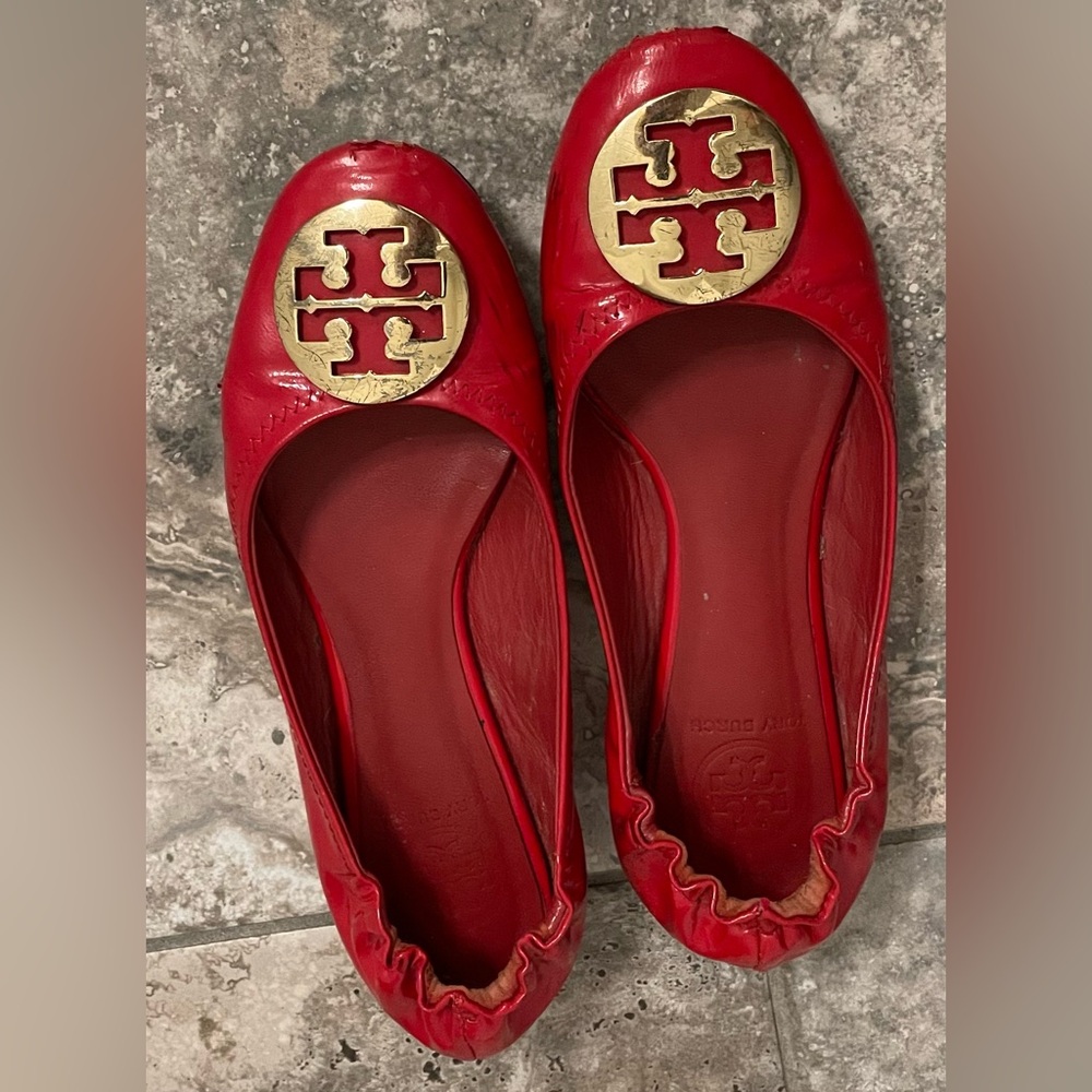 Tory Burch Red Flats with Gold Emblem